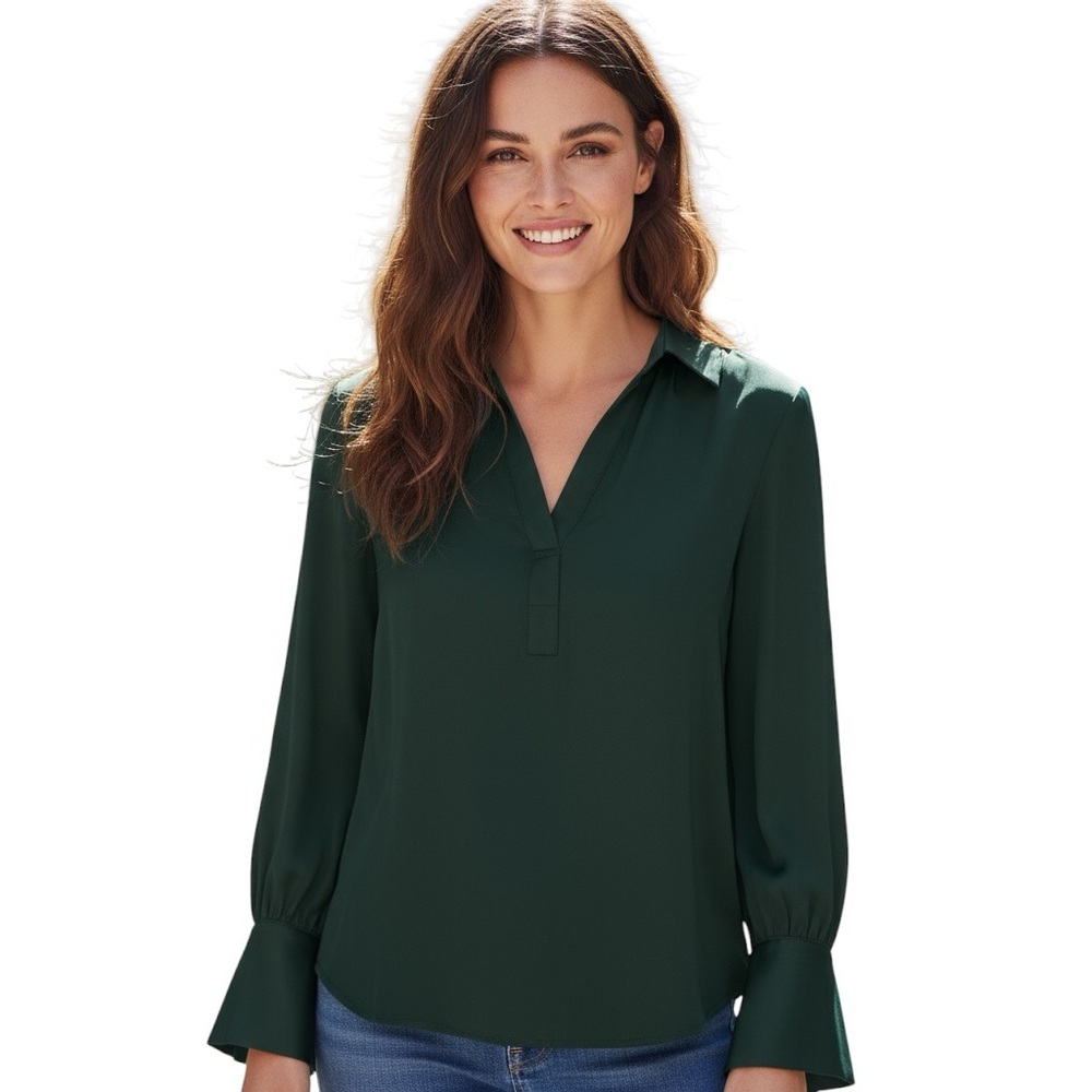 Quince XS Dark Green Silk Blend Long Sleeve Blouse Top Satin Minimalist Chic